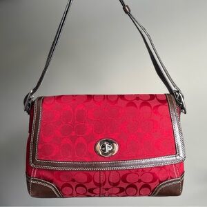 Coach Authentic Red Signature Canvas Shoulder Bag W/ Brown Leather Trim